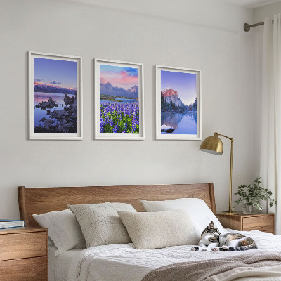 Set de 3 cuadros para salón Paisajes de montañas con agua y cielo