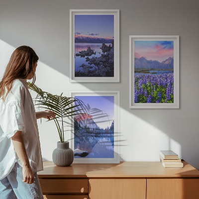 Set de 3 cuadros para salón Paisajes de montañas con agua y cielo