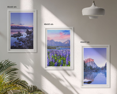 Set de 3 cuadros para salón Paisajes de montañas con agua y cielo