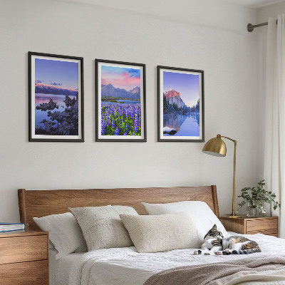 Set de 3 cuadros para salón Paisajes de montañas con agua y cielo