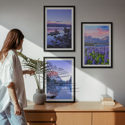 Set de 3 cuadros para salón Paisajes de montañas con agua y cielo