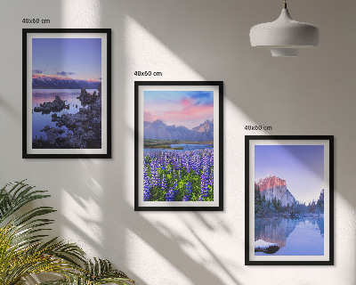 Set de 3 cuadros para salón Paisajes de montañas con agua y cielo