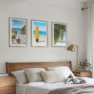 Juego de 3 cuadros con diseño de playas de vacaciones, olas y palmeras