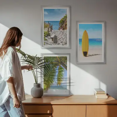 Juego de 3 cuadros con diseño de playas de vacaciones, olas y palmeras
