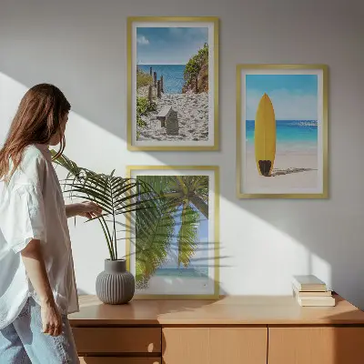 Juego de 3 cuadros con diseño de playas de vacaciones, olas y palmeras