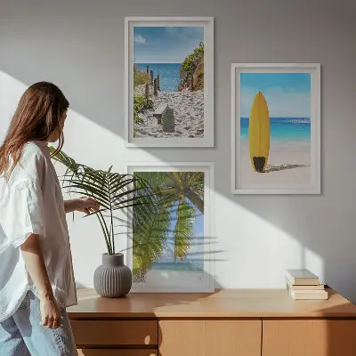 Juego de 3 cuadros con diseño de playas de vacaciones, olas y palmeras
