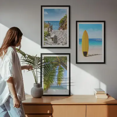 Juego de 3 cuadros con diseño de playas de vacaciones, olas y palmeras