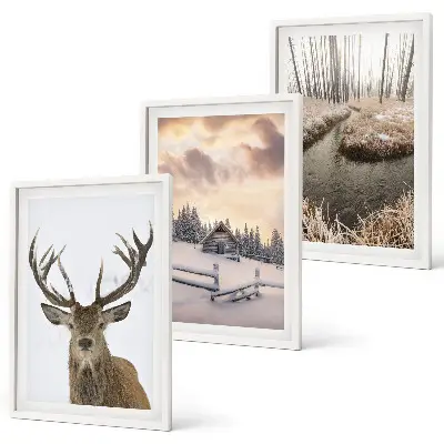 Set de 3 cuadros para salón con diseño de cabaña de ciervos en paisaje invernal