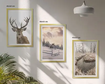 Set de 3 cuadros para salón con diseño de cabaña de ciervos en paisaje invernal