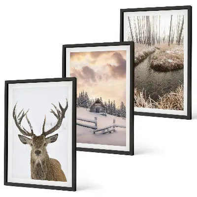 Set de 3 cuadros para salón con diseño de cabaña de ciervos en paisaje invernal