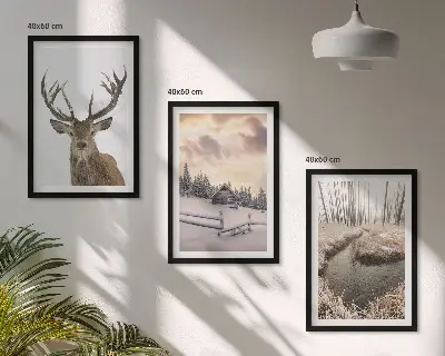 Set de 3 cuadros para salón con diseño de cabaña de ciervos en paisaje invernal