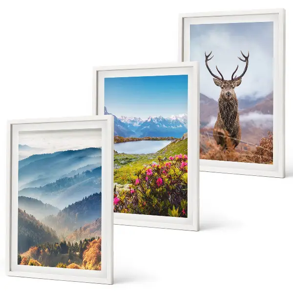 Set de 3 cuadros para salón naturaleza con ciervos en un lago de montaña