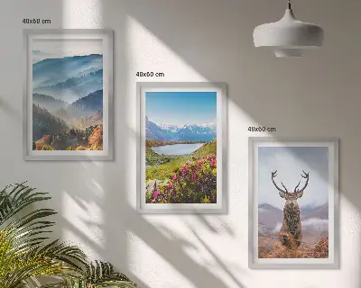 Set de 3 cuadros para salón naturaleza con ciervos en un lago de montaña