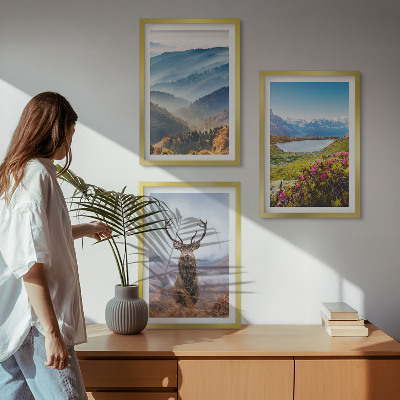Set de 3 cuadros para salón naturaleza de los ciervos del lago de montaña