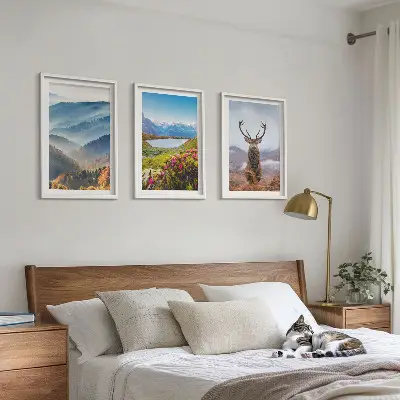 Set de 3 cuadros para salón naturaleza con ciervos en un lago de montaña