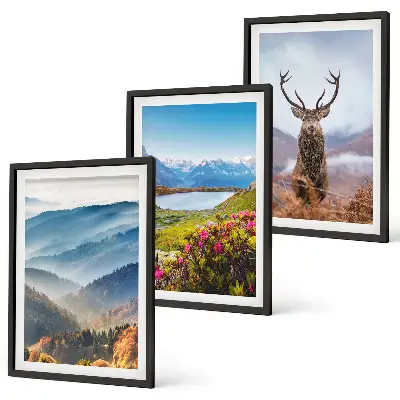 Set de 3 cuadros para salón naturaleza con ciervos en un lago de montaña