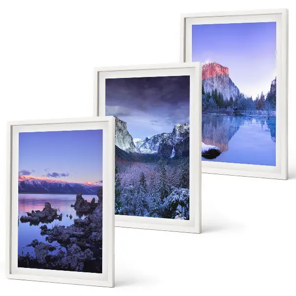 Juego de 3 cuadros paisajes de montaña al atardecer junto al agua