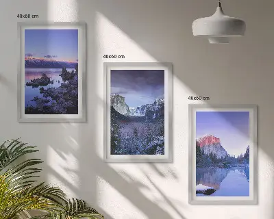 Juego de 3 cuadros paisajes de montaña al atardecer junto al agua