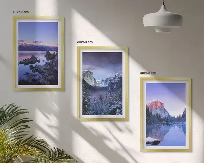 Juego de 3 cuadros paisajes de montaña al atardecer junto al agua