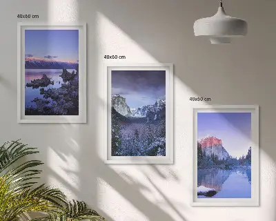 Juego de 3 cuadros paisajes de montaña al atardecer junto al agua