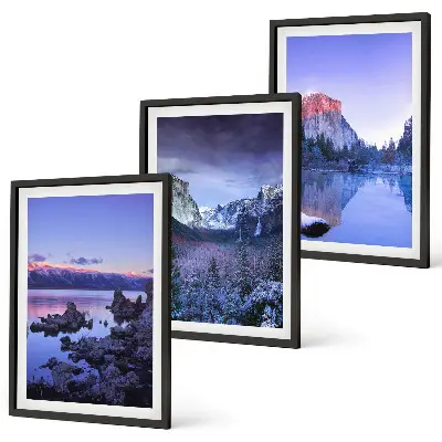 Juego de 3 cuadros paisajes de montaña al atardecer junto al agua