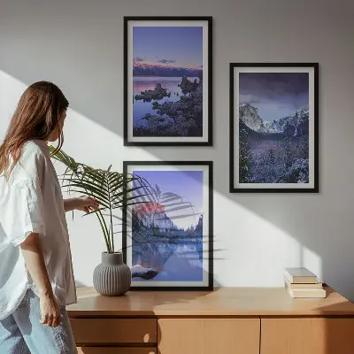 Juego de 3 cuadros paisajes de montaña al atardecer junto al agua