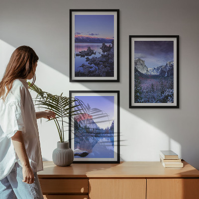 Juego de 3 cuadros Paisajes de montaña, puesta de sol, agua
