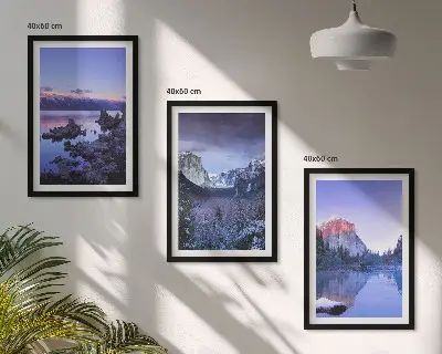 Juego de 3 cuadros paisajes de montaña al atardecer junto al agua