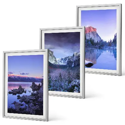 Juego de 3 cuadros paisajes de montaña al atardecer junto al agua