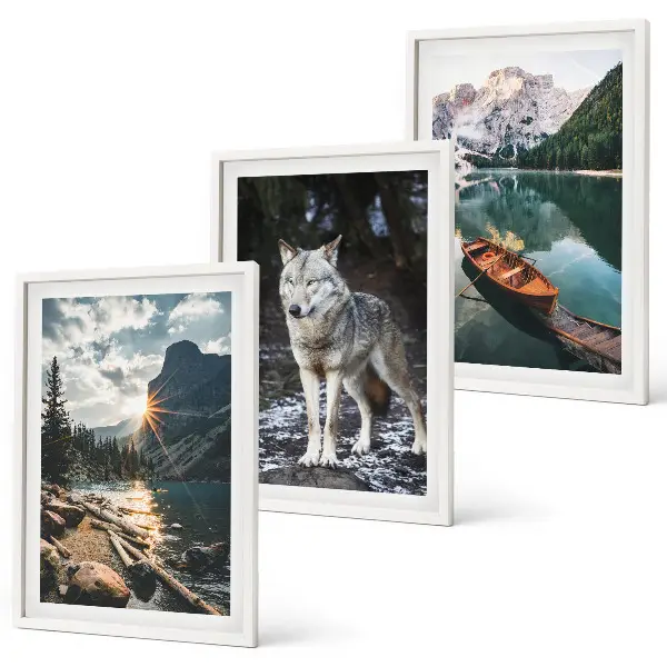 Juego de 3 cuadros con motivos de montañas, lagos, lobos y naturaleza