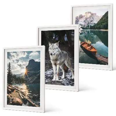 Juego de 3 cuadros con motivos de montañas, lagos, lobos y naturaleza