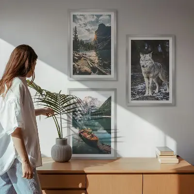 Juego de 3 cuadros con motivos de montañas, lagos, lobos y naturaleza