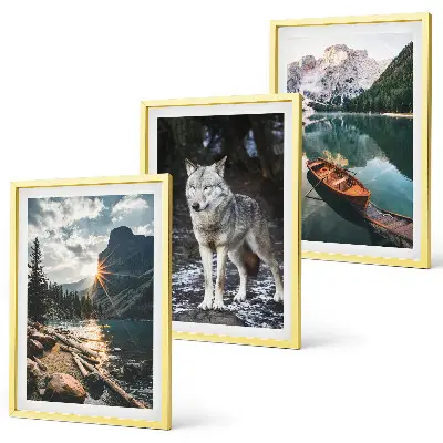 Juego de 3 cuadros con motivos de montañas, lagos, lobos y naturaleza