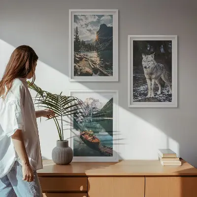 Juego de 3 cuadros con motivos de montañas, lagos, lobos y naturaleza