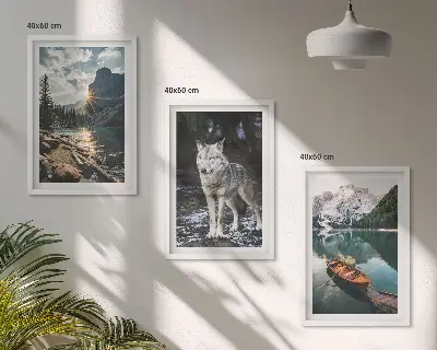 Juego de 3 cuadros con motivos de montañas, lagos, lobos y naturaleza