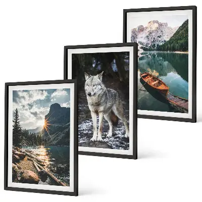 Juego de 3 cuadros con motivos de montañas, lagos, lobos y naturaleza