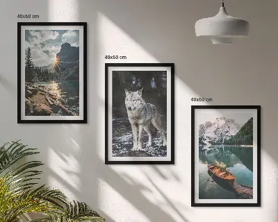 Juego de 3 cuadros con motivos de montañas, lagos, lobos y naturaleza