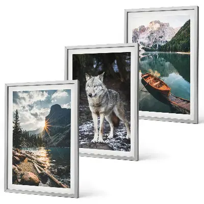 Juego de 3 cuadros con motivos de montañas, lagos, lobos y naturaleza
