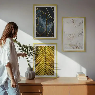 Set de 3 cuadros decorativos para salón con diseño de patrones geométricos y vegetación