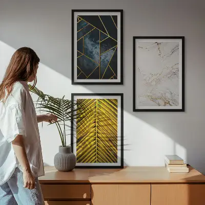 Set de 3 cuadros decorativos para salón con diseño de patrones geométricos y vegetación