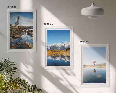 Set de 3 cuadros para salón Vistas de la naturaleza, faro, montañas, globo
