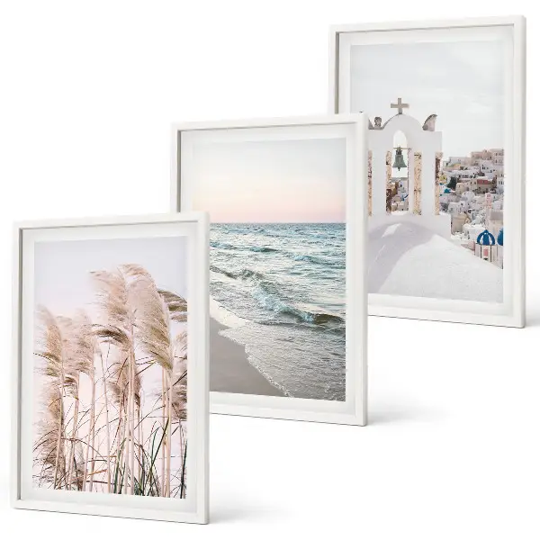 Set de 3 cuadros para salón con diseño de plantas, olas del mar, vistas y casas