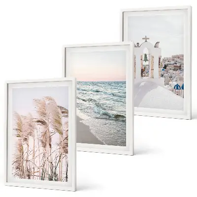 Set de 3 cuadros para salón con diseño de plantas, olas del mar, vistas y casas