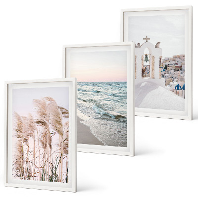 Set de 3 cuadros para salón Plantas, olas del mar, vista, casas