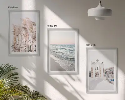 Set de 3 cuadros para salón con diseño de plantas, olas del mar, vistas y casas