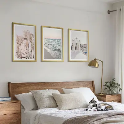 Set de 3 cuadros para salón con diseño de plantas, olas del mar, vistas y casas