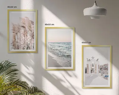 Set de 3 cuadros para salón con diseño de plantas, olas del mar, vistas y casas