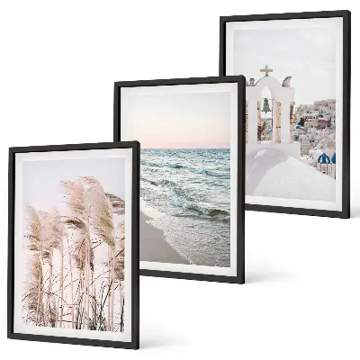 Set de 3 cuadros para salón con diseño de plantas, olas del mar, vistas y casas