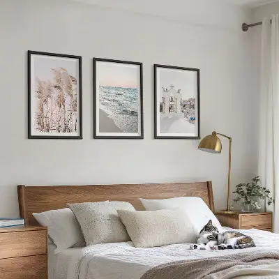 Set de 3 cuadros para salón con diseño de plantas, olas del mar, vistas y casas