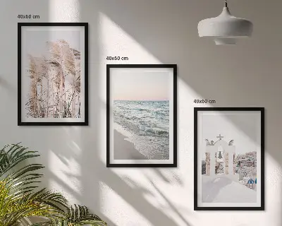 Set de 3 cuadros para salón con diseño de plantas, olas del mar, vistas y casas